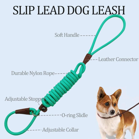 MayPaw Slip Lead Control Leash for Dogs No Pull, 13+ Colors Classic Dog Leash 7FT Pet Slip Leash, 1/4” Rope Leash for Small Medium Animals, Turquoise Leash