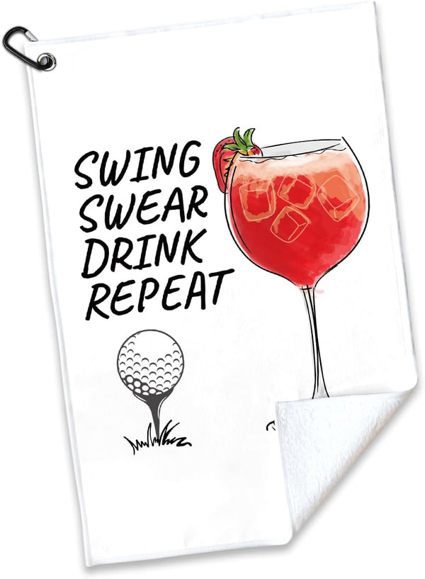 Swing Swear Repeat Golf Towel - Polyester and Cotton Blend Printed Funny Accessories for Men Women Golf Gift