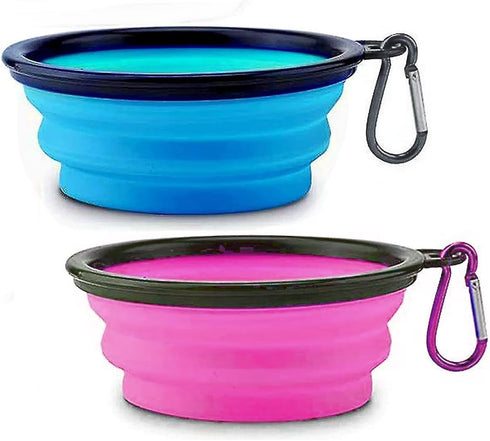 Collapsible Dog Bowl 2 Pack - Portable Silicone Pet Bowl with Carabiner for Small and Medium Dogs