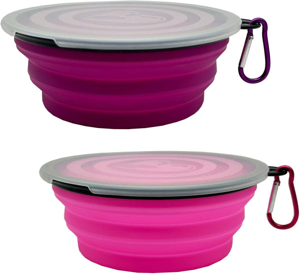 Small Collapsible Dog Bowl, 12oz, 2 Pack Portable and Foldable Pet Travel Bowls with 2 Carabiners & Lids (Purple+Pink)