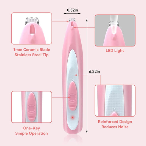 Dog Paw Trimmer, Portable Pink Clippers with LED Lights, Low Noise Rechargeable Cordless Grooming Hair Removal