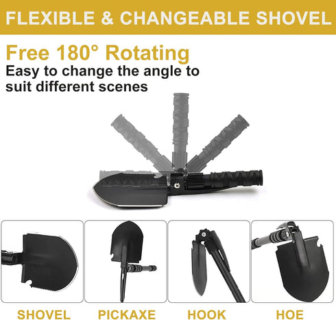 Survival Folding Shovel (28.3'') Camping Multitool with Pickaxe, Compass, Whistle, Molle Bag for Emergency
