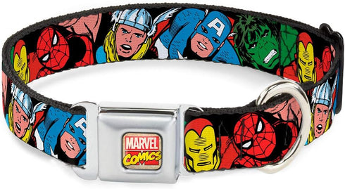Buckle-Down Seatbelt Buckle Dog Collar - 5 Marvel Characters Black, 1" Wide, Fits 15-26" Neck, Large