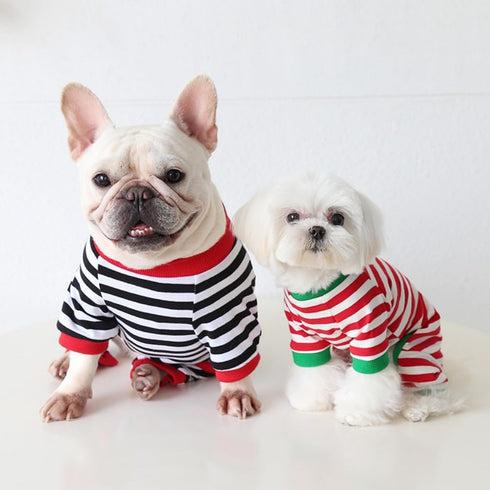 Hdwk&Hped Soft Cotton Dog Pajamas, Striped Solid Pet Jumpsuit for Small Dog Cat Puppy, 3 Styles (Christmas Style 2-Pack)