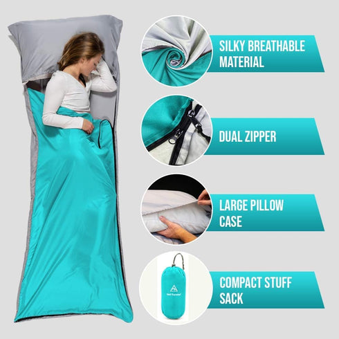 WELL TRAVELED Lightweight Sleeping Bag Liner, Adult Sleeping Sheet for Hiking, Backpacking, Camping, Washable Fabric