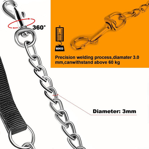 Heavy Duty Metal Dog Leash, 5 FT Chew Proof Chain with Soft Padded Handle for Large & Medium Dogs