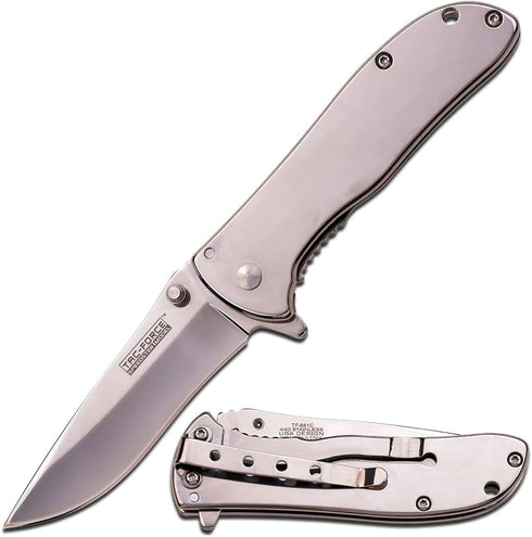 TAC Force TF-861C Spring Assist Folding Knife, 3.75-Inch Closed Mirror Silver Blade and Handle