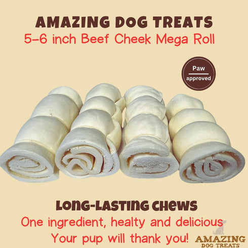 Amazing Dog Treats, Beef Cheek Rolls, Mega Thick 5-6", 8 Pcs, Safe Rawhide Alternative for Power Chewers.