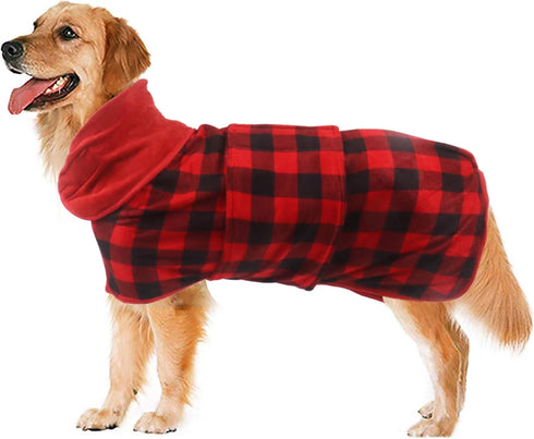 Geyecete Dog Drying Coat, Microfibre Fast Drying Bathrobe Towel, Luxuriously Soft for Pets, Red Black Grid-XXL