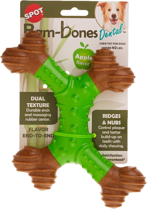 SPOT Bam-Bones Dental X-Bone - Bamboo Fiber with Massaging Rubber Center, Durable Oral Care Chew for Light Chewers