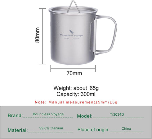 iBasingo 300ml Titanium Mug with Lid, Ultra-light Portable Camping Pot for Hiking & Picnic
