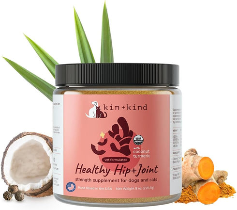 kin+kind Hip+Joint Supplement for Dogs & Cats, Vet Formulated Natural Formula with Organic Turmeric, Black Pepper,