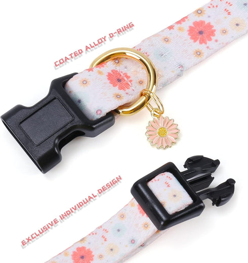 Cotton Handmade Dog Collar - Beige Daisy with Pendant for Small Medium Large Dogs, Cute Ideal for Girl Boy Dogs, Large