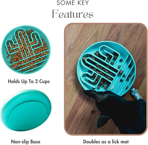 Cactus Slow Feeder Dog Bowls - Silicone Non-Slip Puzzle Bowl for Large Medium Small Breeds