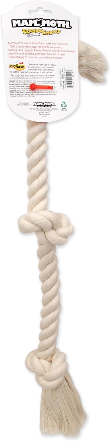 Mammoth Flossy Chews 100 Percent Natural Cotton Rope Dog Toys - Premium White Knot Dog Rope Toy - Interactive Dog Tug Toy - Tug Dog Chew Toy for Medium to Large Dogs - Large 25"