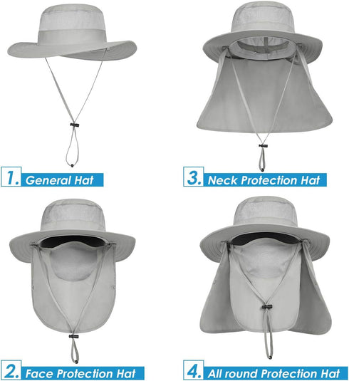 IYEBRAO Mens Outdoor Sun Hat with Face Neck Flap, UV Protection Wide Brim Fishing Hat for Hiking and Gardening