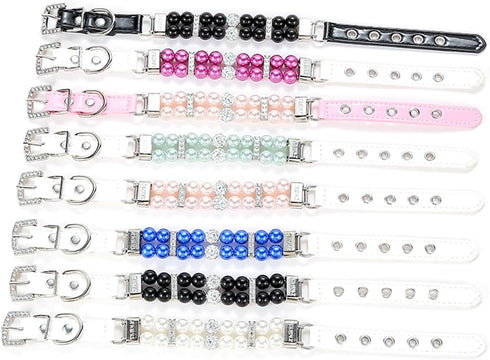 Black Beaded Dog Collar, Male Pearl Cat Collar with Crystal Diamond Rhinestone, Cute PU Leather Necklace for Small