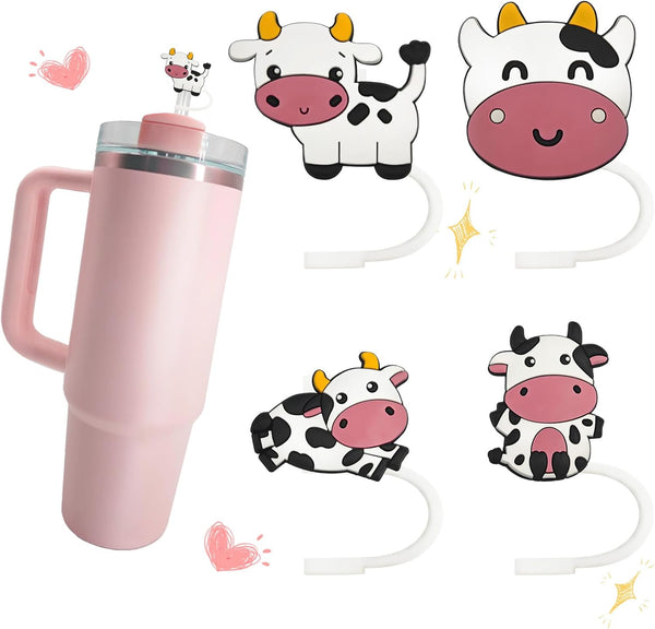 LUBNYSO 4Pcs Dairy cow Silicone Straw Cover Cap for Stanley Cup, Reusable 10mm