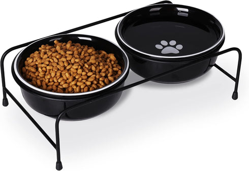 Porcelain Raised Cat or Small Dog Bowls - Heightened Metal Stand with Non-Slip Bottom, 15 Ounces (Black)