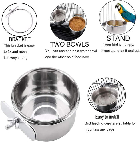 PINVNBY Stainless Steel Parrot Feeding Cups, Food Dish with Clamp Holder for Cockatiel, Conure, Budgies, Pack of 6