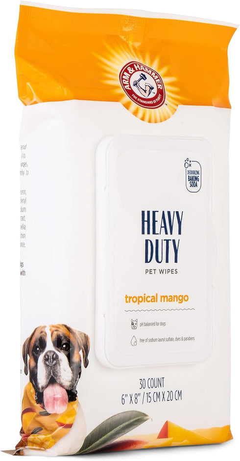 Arm & Hammer Heavy Duty Bath Wipes for Dogs, Travel Size, Mango Scent, 30 Count - 6 Pack