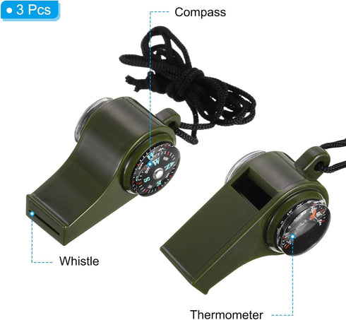 PATIKIL Emergency Whistle, 3 Pack: 3-in-1 Survival Whistles with Compass, Thermometer, and Lanyard for Outdoor