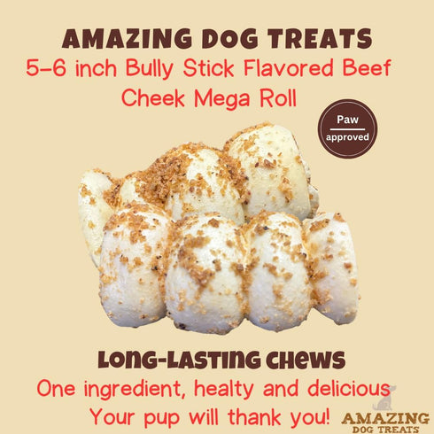 Amazing Dog Treats - Beef Cheek Rolls Mega Thick (Bully Dust Flavor, 5-6" - 8 Count) - Safe Rawhide Alternative