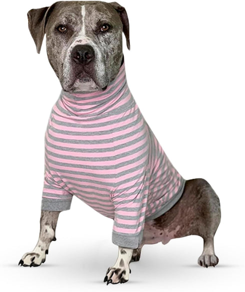 Tooth & Honey Big Dog Stripe Shirt – Pullover with Full Belly Coverage – Pink and Grey Shirt for Extra Large Dogs