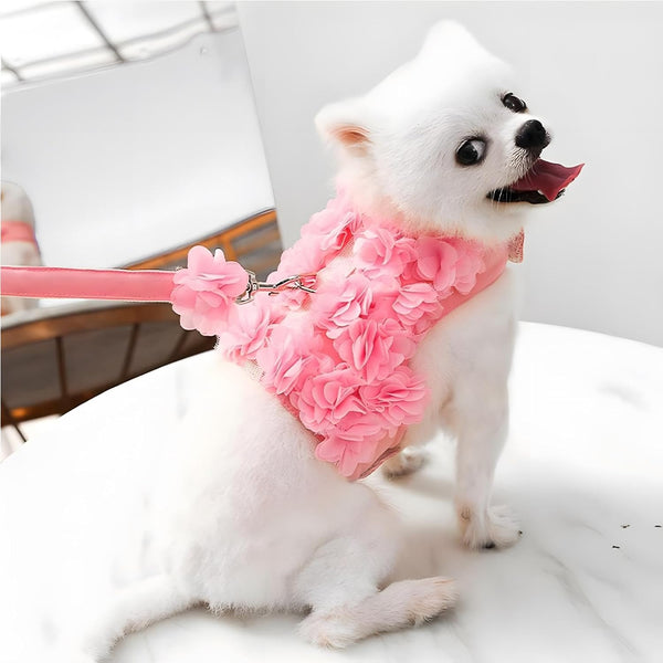 Cute Dog Harness - Escape-Proof Flower Harness with Leash Set, Soft Mesh Small Puppy Vest for Cats and Dogs, Pink &