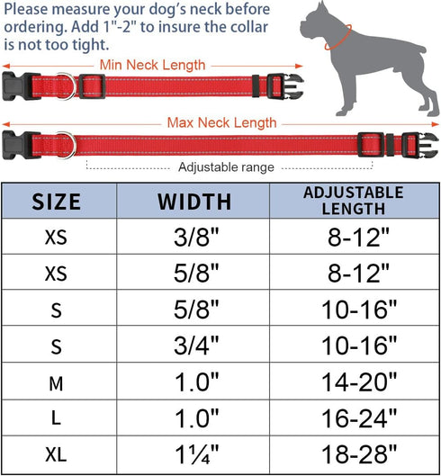 Taglory Adjustable Reflective Dog Collars for Small Medium Large Dogs, Quick Release Plastic Buckle (Red, Small)