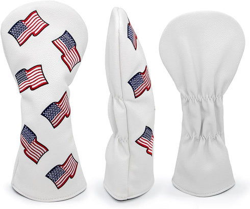 US Flag Patriotism Golf Club Head Covers | White for Driver, Fairway Hybrid Woods - 4 Options - Synthetic Leather Set