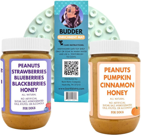 BUDDY BUDDER Superberry Snoot + Pumpkin Pup Blue Dog Enrichment Mat Combo, 100% Natural Dog Peanut Butter, 17oz Jars