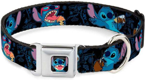 Buckle-Down Seatbelt Buckle Dog Collar, Stitch Snacking Poses, Black/Blue, 1" Wide, Fits 15-26" Neck