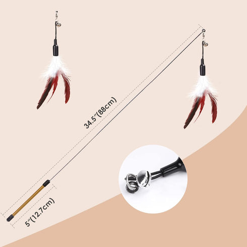Pawaboo Feather Teaser Cat Toy, Interactive Wand with 34.5" Long Wand and Bell, Wine Red & White Feather