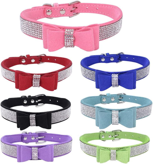 Small Dog Collar with Bowknot, Bling Crystal Rhinestone Adjustable Soft Puppy Cat Pet Collars, Pink Medium