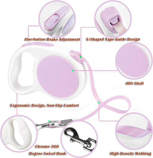 Lavender Purple Retractable Dog Leash 10 ft for Small Medium Dogs and Cats, One Button Control by LFCXHTY