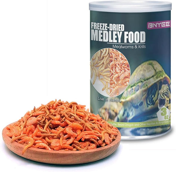 Aquatic Turtle Medley Food - Freeze Dried Shrimp & Mealworms for Aquatic Turtle, Beard Dragon, and Other Reptiles &