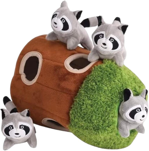 4 Glow Pups Hide and Seek Dog Toy, Interactive Plush Raccoon in Tree Burrow, Squeaky Woodland Style Dog Toys for Small