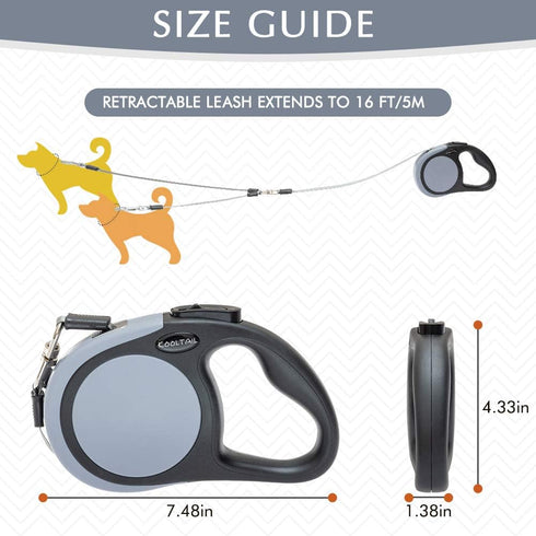 KOOLTAIL Dual Retractable Dog Leash for Two Dogs, Heavy Duty Double Headed 16 ft, Tangle-Free, Grey