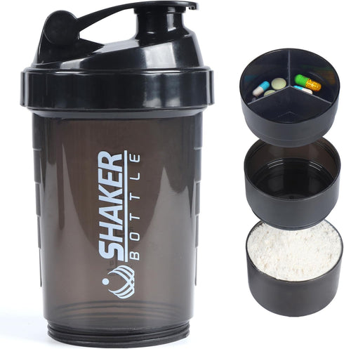 Protein Shaker Bottle - Leak Proof Sports Water Bottle for Protein Mixer, 16 oz Shake Cup with Storage (Black)