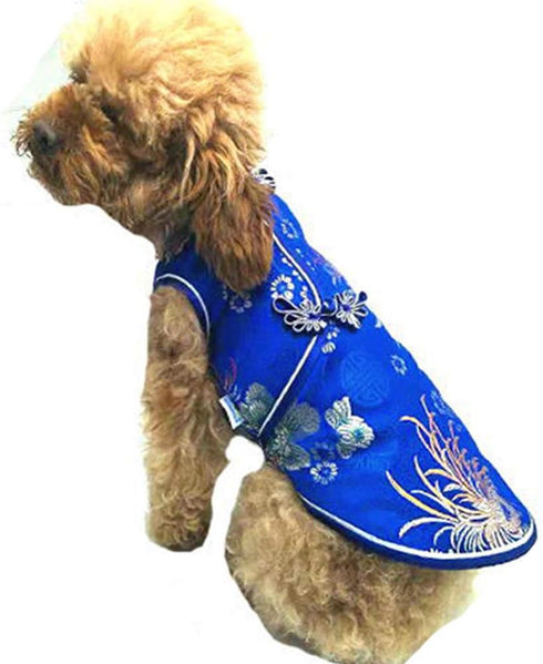 SEIS Pet Costume Tang Suit Dog Cheongsam Satin Clothes Chinese Style Clothing for Dogs Pet Skirt Puppy Cats Dress Dog Vest Tshirt (Blue, S)