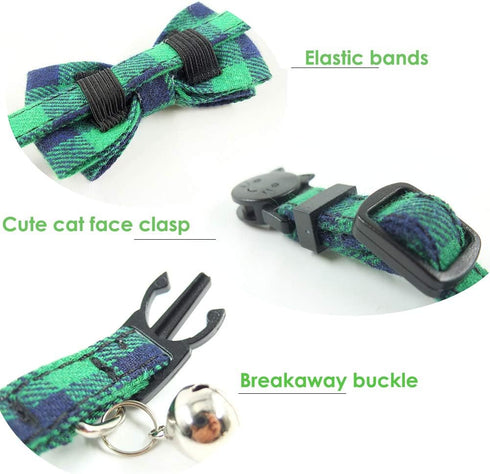 Cat Collar Breakaway with Bell and Bow Tie - Set of 2 PCS Adjustable Safety Plaid Design Collars (Green & Light Blue
