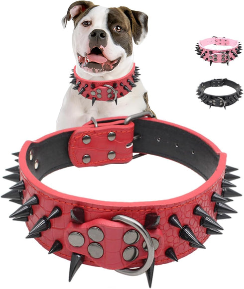 Spiked Dog Collar, Adjustable Anti-Bite Protect Pets Neck for Medium Large Breed Dogs, Black Rivets 2-Inch Wide