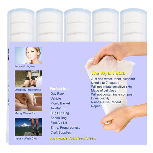 Multi-Purpose 9x9” Expandable Wipes with Travel Tubes - Pack of 5 Tubes (60 Tabs Total) - All Natural Reusable Wipes