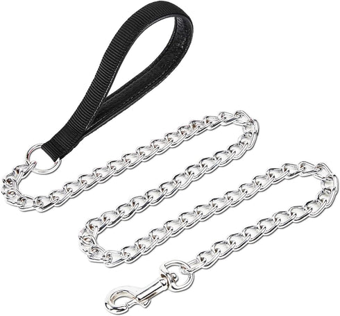 Chain Leash Metal Dog Leash, Chrome Plated with Soft Padded Handle for Small Dogs (S, Black Handle)