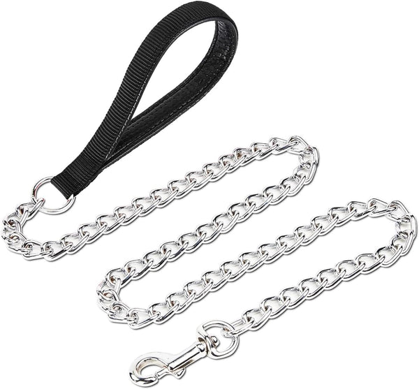 Chain Leash Metal Dog Leash, Chrome Plated with Soft Padded Handle for Small Dogs (S, Black Handle)