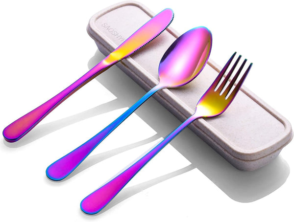 Portable Utensils Set with Case, 4pcs Stainless Steel Reusable Silverware for Lunch, Camping, School, Picnic, Easy to