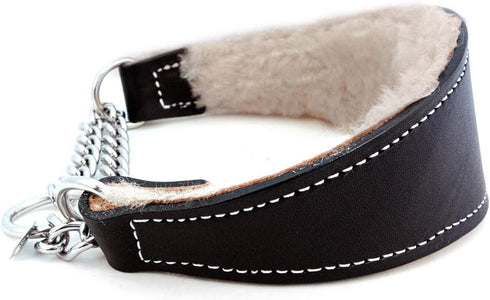 Sheepskin Lined Leather Martingale Dog Collar 1.75in Wide by 14in - Black