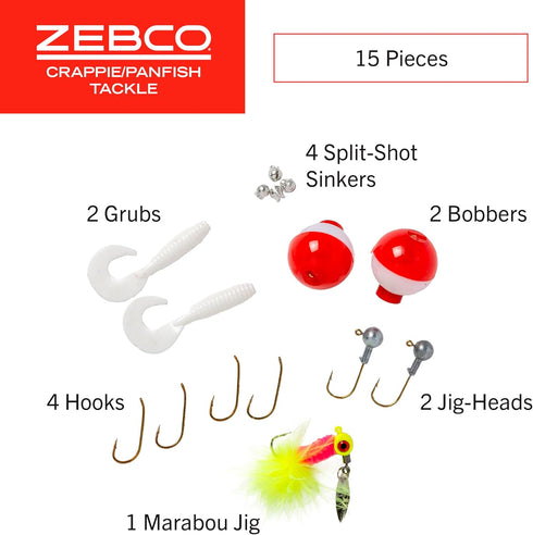 Zebco Crappie/Panfish Fishing Tackle Dial Pack, 15 Total Pieces, Hooks, Sinkers, Bobbers, Red