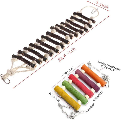PINVNBY Bird Parakeet Toys, Bird Rope Ladder Swing Hammock Toys, Natural Wood and Rope, Parakeet Cage Accessories for